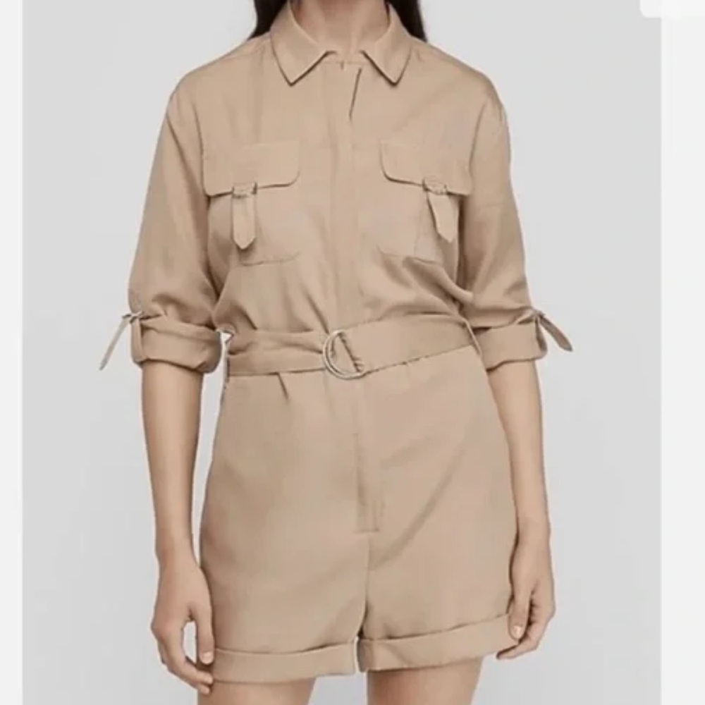 Express Tan Brown Short Sleeve Utility Zipper Romper With Belt